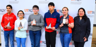 Sharyland North Junior High earned first place at the MATHCOUNTS competition at UTRGV on Feb. 9, and now advance to the state competition. From left are Derick Lee, Emilio Del Angel, Hailey Aul, Daniel Ramirez, Coach Veronica Gonzalez, and Karen Dorado, UTRGV director of Special Programs and Community Relations. (Courtesy Photo)