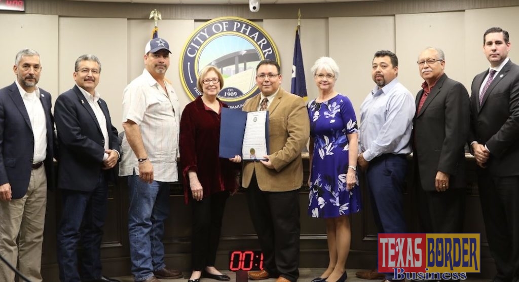 Pharr City Commissioners present the Children's Advocacy Center of Hidalgo County (Estrella's House) and Executive Director Jesus Sanchez with a proclamation.