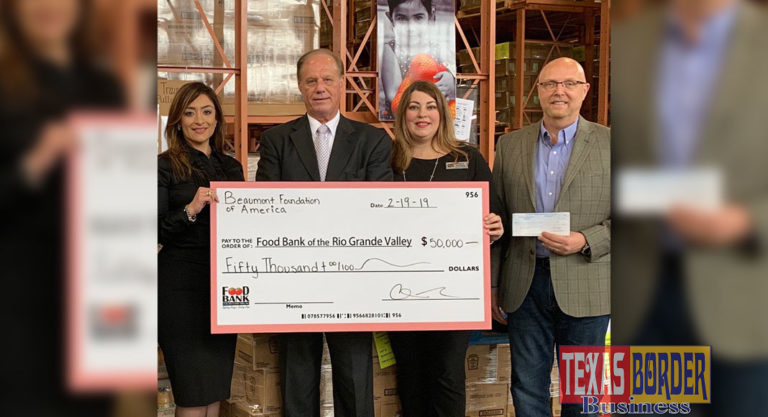 Pictured (left to right): Yolanda Gonzalez, FBRGV Board Member, C. Edward Keller, CEO of Beaumont Foundation, Andrea Rodriguez, VP FBRGV Board Member and Ron Meijerink, CEO FBRGV accepts a donation of $50,000.