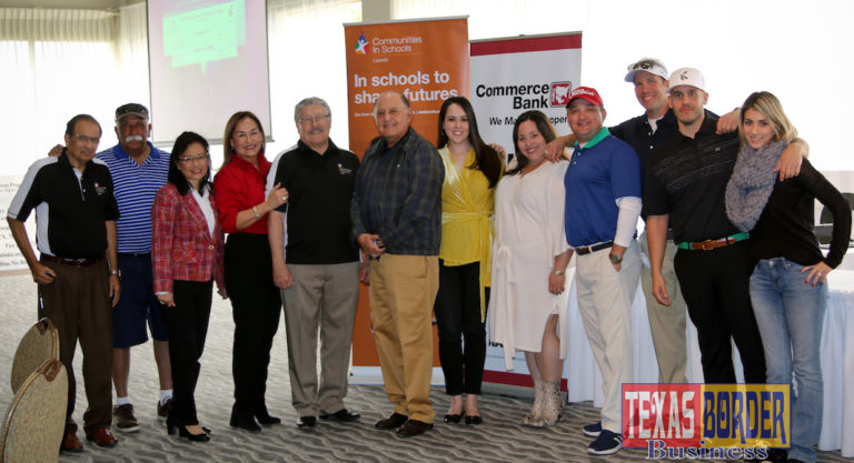 Pictured L-R: Zaragoza Solis - Communities in Schools Director of Finance; Gil López- Communities in Schools Board Member; Gina Mejia- Communities in Schools Board Member; Rosaura Rodriguez- Communities in Schools Executive Director; Humberto Treviño - Communities in Schools Board President; Ignacio Urrabazo- Commerce Bank President & CEO; Alejandra Urrabazo; Elizabeth Urrabazo-Velasquez; Raul Velasquez; Tom Urrabazo  Jaime Urrabazo; and Olivia Garcia.  
