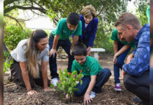 Former First Lady Laura Bush during her visit to PSJA ISD recently with students from Geraldine Palmer Elementary, Gisela Chapa from the Santa Ana National Wildlife Refuge and Allen Williams, PSJA Landscape & Wildlife Habitat Specialist.  