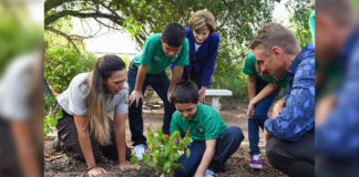 Former First Lady Laura Bush during her visit to PSJA ISD recently with students from Geraldine Palmer Elementary, Gisela Chapa from the Santa Ana National Wildlife Refuge and Allen Williams, PSJA Landscape & Wildlife Habitat Specialist.  