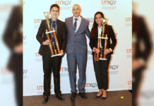 The top three winners in the senior division at the RGV Regional Science and Engineering Fair will represent the region at the Intel International Science & Engineering Fair, May 12-17, in Phoenix, Arizona. Pictured left to right: Pablo Vidal, Grand Champion, UTRGV Mathematics & Science Academy; Dr. Mahmoud Quweider, UTRGV associate dean of Outreach and Online Programs, College of Engineering and Computer Sciences; and Samya Ahsan, first runner-up, UTRGV Mathematics & Science Academy. Not pictured is Valeria Stevens, second runner-up, McAllen High School. (Courtesy Photo)   