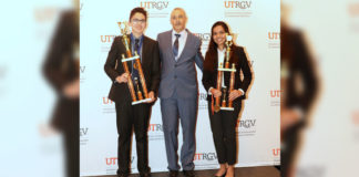 The top three winners in the senior division at the RGV Regional Science and Engineering Fair will represent the region at the Intel International Science & Engineering Fair, May 12-17, in Phoenix, Arizona. Pictured left to right: Pablo Vidal, Grand Champion, UTRGV Mathematics & Science Academy; Dr. Mahmoud Quweider, UTRGV associate dean of Outreach and Online Programs, College of Engineering and Computer Sciences; and Samya Ahsan, first runner-up, UTRGV Mathematics & Science Academy. Not pictured is Valeria Stevens, second runner-up, McAllen High School. (Courtesy Photo)   