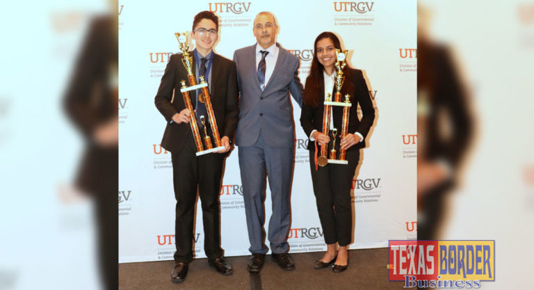 The top three winners in the senior division at the RGV Regional Science and Engineering Fair will represent the region at the Intel International Science & Engineering Fair, May 12-17, in Phoenix, Arizona. Pictured left to right: Pablo Vidal, Grand Champion, UTRGV Mathematics & Science Academy; Dr. Mahmoud Quweider, UTRGV associate dean of Outreach and Online Programs, College of Engineering and Computer Sciences; and Samya Ahsan, first runner-up, UTRGV Mathematics & Science Academy. Not pictured is Valeria Stevens, second runner-up, McAllen High School. (Courtesy Photo)   
