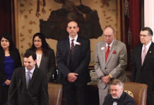 TSTC Day at the Capitol. Pictured left to right: TSTC Instrumentation Technology student Iris De La Fuente, TSTC Architectural Design and Engineering Graphics Technology student Victoria Rincones, TSTC Electrical Power and Controls instructor Jonathan Bonkoske, TSTC Board of Regents Chairman John K. Hatchel and TSTC Chancellor Mike Reeser.