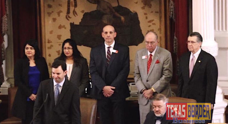 TSTC Day at the Capitol. Pictured left to right: TSTC Instrumentation Technology student Iris De La Fuente, TSTC Architectural Design and Engineering Graphics Technology student Victoria Rincones, TSTC Electrical Power and Controls instructor Jonathan Bonkoske, TSTC Board of Regents Chairman John K. Hatchel and TSTC Chancellor Mike Reeser.