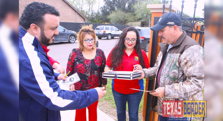 Edinburg CISD migrant recruiters go door-to-door visiting with students and their families in northwestern Hidalgo County. Pictured L-R: ECISD Migrant Recruiter Michael Martinez, ECISD Migrant Recruiter Delia Sanchez, ECISD Migrant Recruiter Maricela Valdez and Martin Valdez, an ECISD parent.