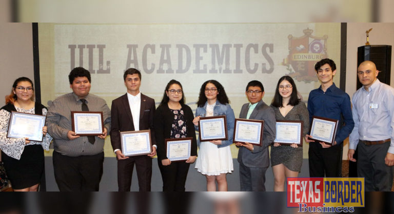 Edinburg CISD UIL Academics students pose for a photo during an Edinburg Rotary Club meeting at the Echo Hotel in Edinburg. Pictured L-R: Edinburg High School senior Larami Mireles, Edinburg High School senior Ruben Flores, Edinburg North High School senior Diego Perez, Edinburg North High School senior San Juanita Castellano, Economedes High School senior Jasmin Lopez, Economedes High School senior Juan Roman, Vela High School senior Thalia Zuniga, Vela High School senior Kevyn Morales and Edinburg Rotary Club President Marco Perez.