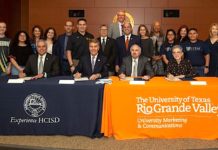 UTRGV, Harlingen CISD and City of Harlingen Collaborate to Construct New Building The University of Texas Rio Grande Valley, the City of Harlingen and Harlingen Consolidated Independent School District announced on Thursday, Feb. 28, the opening of a new UTRGV/Early College High School (ECHS) campus in Harlingen. With this new project, ECHS students graduate high school with their academic core or are on a fast track toward careers in engineering, computer science and teaching. Sitting left to right are Dr. Arturo J. Cavazos, Harlingen CISD superintendent; Greg Powers, Harlingen CISD Board of Trustees president; Dr. Guy Bailey, UTRGV president; and Dr. Patricia M. Alvarez McHatton, UTRGV executive vice president for Academic Affairs, Student Success and P-16 Integration. (UTRGV Photo by David Pike)