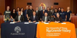 The University of Texas Rio Grande Valley, the City of Harlingen and Harlingen Consolidated Independent School District announced on Thursday, Feb. 28, the opening of a new UTRGV/Early College High School (ECHS) campus in Harlingen. With this new project, ECHS students graduate high school with their academic core or are on a fast track toward careers in engineering, computer science and teaching. Sitting left to right are Dr. Arturo J. Cavazos, Harlingen CISD superintendent; Greg Powers, Harlingen CISD Board of Trustees president; Dr. Guy Bailey, UTRGV president; and Dr. Patricia M. Alvarez McHatton, UTRGV executive vice president for Academic Affairs, Student Success and P-16 Integration. (UTRGV Photo by David Pike)