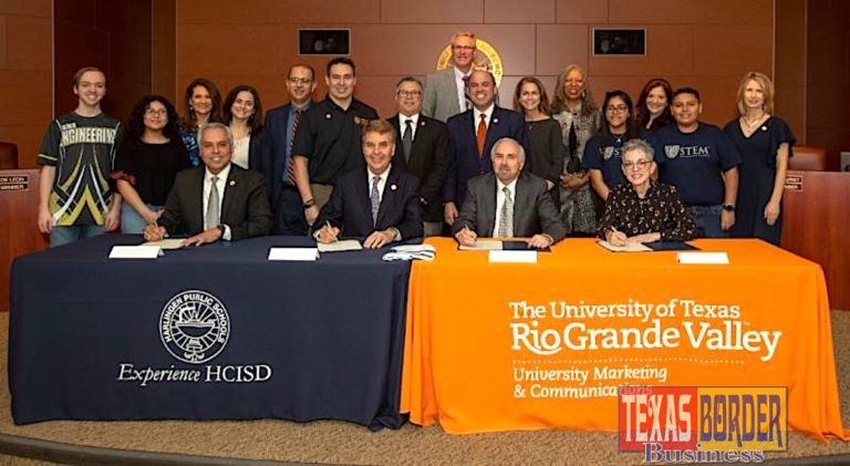 The University of Texas Rio Grande Valley, the City of Harlingen and Harlingen Consolidated Independent School District announced on Thursday, Feb. 28, the opening of a new UTRGV/Early College High School (ECHS) campus in Harlingen. With this new project, ECHS students graduate high school with their academic core or are on a fast track toward careers in engineering, computer science and teaching. Sitting left to right are Dr. Arturo J. Cavazos, Harlingen CISD superintendent; Greg Powers, Harlingen CISD Board of Trustees president; Dr. Guy Bailey, UTRGV president; and Dr. Patricia M. Alvarez McHatton, UTRGV executive vice president for Academic Affairs, Student Success and P-16 Integration. (UTRGV Photo by David Pike)
