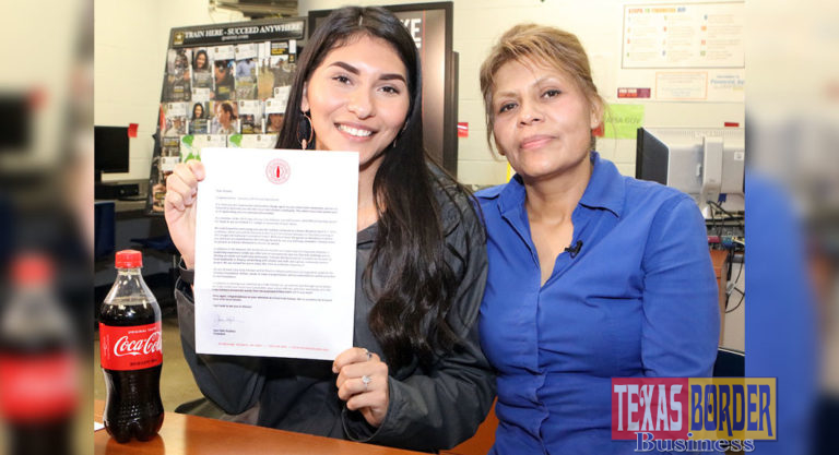Edinburg High School Senior Brandy Rodriguez proudly holds the scholarship award letter from the Coca-Coca Scholars Foundation alongside her mother, Maria Rodriguez.