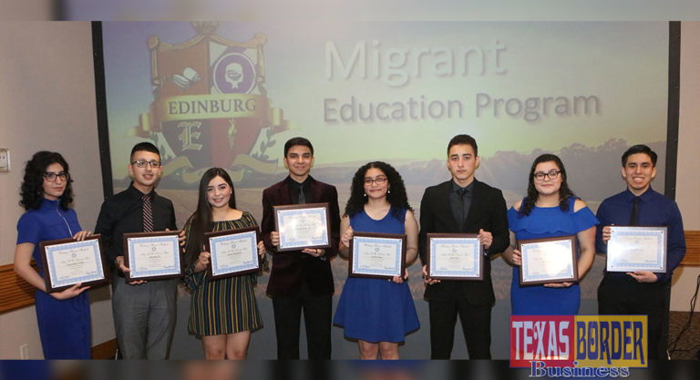 Edinburg CISD student with the Migrant Education Program pose for a photo during an Edinburg Rotary Club meeting at the Echo Hotel in Edinburg. Pictured L-R: Edinburg High School senior Grecia Denyz Trevino, Edinburg High School senior Raul Solis III, Edinburg North High School senior Jennifer Hernandez, Edinburg North High School senior Tommy Lee Salinas, Economedes High School senior Jasmine Lopez, Economedes High School senior Jason Cantu, Vela High School senior Thais Galvan and Vela High School senior Nathaniel Trevino.