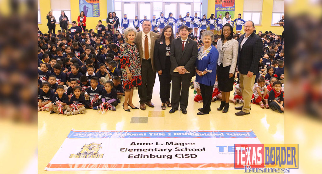 Magee Elementary School students and staff celebrate the school’s second national award during a special ceremony at the campus. Pictured standing L-R: ECISD School Board Member Dominga “Minga” Vela, ECISD Superintendent Dr. René Gutiérrez, Magee Elementary School Principal Marla Cavazos, Congressman Vicente Gonzalez, ECISD School Board Vice President Carmen Gonzalez, Region 10 Title I Program Coordinator Lauren A. McKinney and ECISD School Board Member Miguel “Mike” Farias.