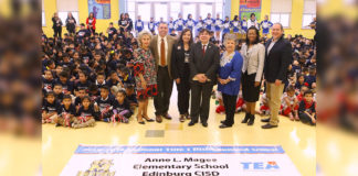 Magee Elementary School students and staff celebrate the school’s second national award during a special ceremony at the campus. Pictured standing L-R: ECISD School Board Member Dominga “Minga” Vela, ECISD Superintendent Dr. René Gutiérrez, Magee Elementary School Principal Marla Cavazos, Congressman Vicente Gonzalez, ECISD School Board Vice President Carmen Gonzalez, Region 10 Title I Program Coordinator Lauren A. McKinney and ECISD School Board Member Miguel “Mike” Farias.
