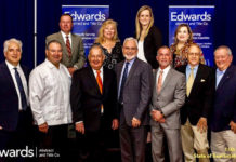 Edwards Abstract and Title Co. Members of Management and the Executive Team gather with guests after the 15th Annual State of Real Estate Forum held on March 8th. Congratulations to the guest speakers Dr. Ted C. Jones and Hidalgo County Judge Richard Cortez for their informative presentations. Thank you to over 300 guests who attended. Pictured are (first row l-r) Mark Pena, Lewis Monroe & Pena; Hidalgo County Clerk Arturo Guajardo; Hidalgo County Judge Richard Cortez; Byron Jay Lewis, Edwards Abstract and Title Co. President & CEO; N. Michael Overly, Edwards Abstract and Title Co. Executive Vice President/CFO & COO; Guy S. Huddleston, III, Edwards Abstract and Title Co. Senior Vice President/Customer Development; D.D. Hoffman, Edwards Abstract and Title Co. Sr. Vice President/Corporate Ambassador. Second row (l-r) Mike Watson, Stewart Title Guaranty Co.; Elva Jackson Garza, Edwards Abstract and Title Co. Vice President & Marketing Manager; Tara Smith, Stewart Title Guaranty Co. and Marilyn De Luna, Vice President of Education & Training/Commercial Escrow Officer.