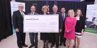 Representatives from South Texas College, Hidalgo ISD, and Texas Workforce Commission came together for a check presentation benefiting students in manufacturing and healthcare.