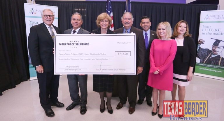 Representatives from South Texas College, Hidalgo ISD, and Texas Workforce Commission came together for a check presentation benefiting students in manufacturing and healthcare.