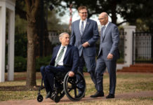 Texas Gov. Greg Abbott, other top leaders, Propose Raising the Sales tax to Provide Property Tax Relief Gov. Greg Abbott, Lt. Gov. Dan Patrick and House Speaker Dennis Bonnen at a joint press conference held at the Governor's Mansion on Jan. 9, 2019. Photo by  Miguel Gutierrez Jr./ The Texas Tribune