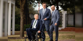 Gov. Greg Abbott, Lt. Gov. Dan Patrick and House Speaker Dennis Bonnen at a joint press conference held at the Governor's Mansion on Jan. 9, 2019. Photo by  Miguel Gutierrez Jr./ The Texas Tribune