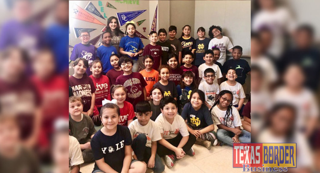 When UTRGV legacy alumna Margaret Medina-Olivarez, a McAllen native, asked universities around the country to send her their T-shirts so she could have a picture of her elementary school students wearing them, her request drew national attention. Olivarez has been a third-grade bilingual teacher at Pflugerville Independent School District’s Copperfield Elementary School for more than 10 years, after earning a bachelor’s degree in Interdisciplinary Studies with a concentration in education from UT Pan American. She is shown here with some of her students wearing the T-shirts garnered during her campaign to bring them awareness of higher education. (Courtesy Photo)