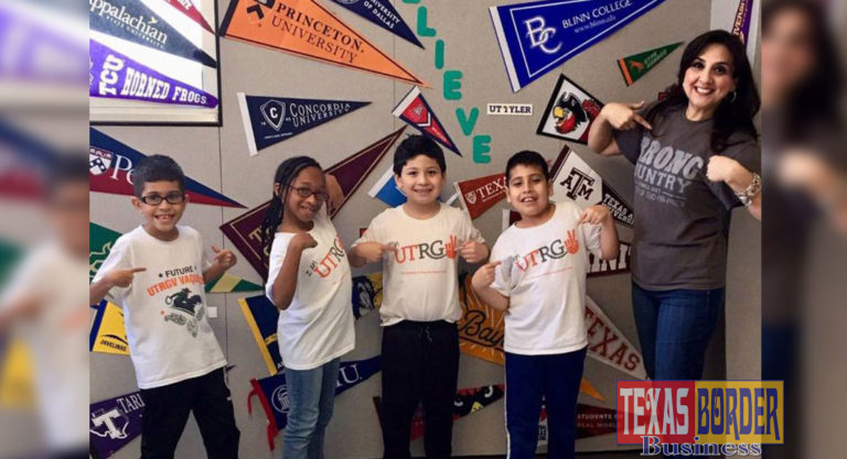 When UTRGV legacy alumna Margaret Medina-Olivarez, a McAllen native, asked universities around the country to send her their T-shirts so she could have a picture of her elementary school students wearing them, her request drew national attention. Olivarez has been a third-grade bilingual teacher at Pflugerville Independent School District’s Copperfield Elementary School for more than 10 years, after earning a bachelor’s degree in Interdisciplinary Studies with a concentration in education from UT Pan American. She is shown here with some of her students wearing the T-shirts garnered during her campaign to bring them awareness of higher education. (Courtesy Photo)