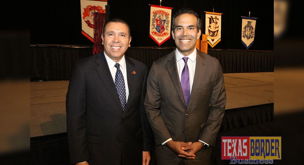 ECISD Superintendent Dr. René Gutiérrez (pictured left) visits with Texas Land Commissioner George Prescott Bush at the McAllen Convention Center.