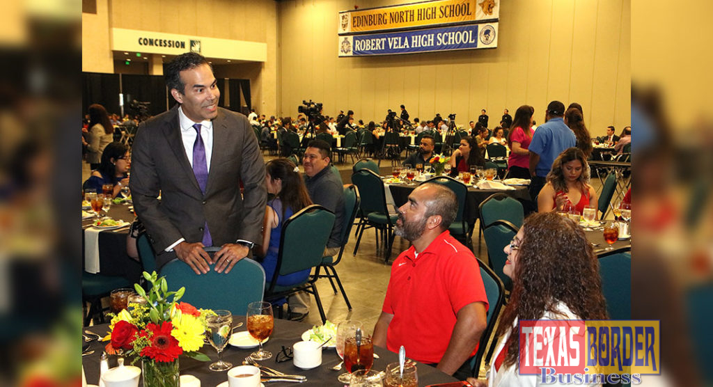 Texas Land Commissioner George P. Bush (pictured left) talks with parents at the 2019 Top Ten Percent Honor Banquet at the McAllen Convention Center.