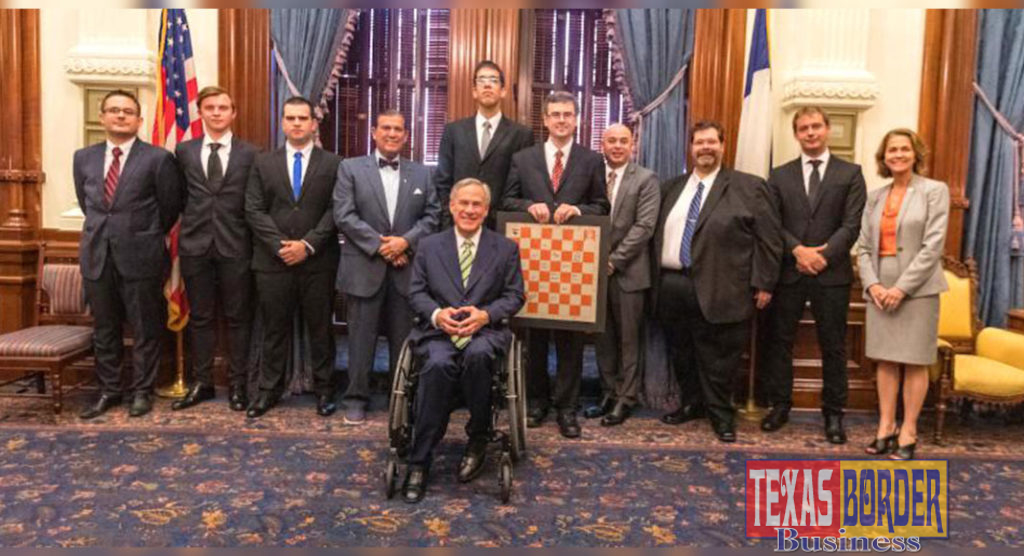 The UTRGV Chess Team – back-to-back national champions in the Final Four of Collegiate Chess – took a triumphal mini tour of Austin on May 22 to accept kudos, resolutions and proclamations from Gov. Greg Abbott, the House and the Senate, and the UT Board of Regents. The UTRGV Vaqueros successfully defended their national title at the President’s Cup in April in New York City, again defeating five-time champion Webster University, along with Harvard University and UT Dallas. (UTRGV Photo by David Pike)