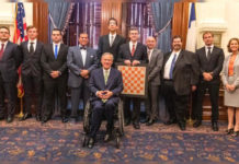 Valley Chess Team recognized at Texas State Capitol in Austin The UTRGV Chess Team – back-to-back national champions in the Final Four of Collegiate Chess – took a triumphal mini tour of Austin on May 22 to accept kudos, resolutions and proclamations from Gov. Greg Abbott, the House and the Senate, and the UT Board of Regents. The UTRGV Vaqueros successfully defended their national title at the President’s Cup in April in New York City, again defeating five-time champion Webster University, along with Harvard University and UT Dallas. (UTRGV Photo by David Pike)