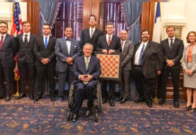 The UTRGV Chess Team – back-to-back national champions in the Final Four of Collegiate Chess – took a triumphal mini tour of Austin on May 22 to accept kudos, resolutions and proclamations from Gov. Greg Abbott, the House and the Senate, and the UT Board of Regents. The UTRGV Vaqueros successfully defended their national title at the President’s Cup in April in New York City, again defeating five-time champion Webster University, along with Harvard University and UT Dallas. (UTRGV Photo by David Pike)