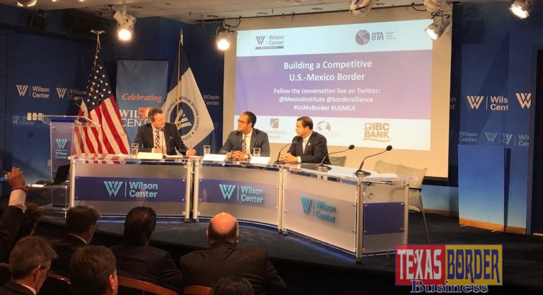 Congressman Cuellar (TX-28) discusses border economy and trade during the Border Trade Alliance & Woodrow Wilson Center’s Mexico Institute’s reception “Building a Competitive U.S.-Mexico Border” in Washington on Wednesday. Pictured from left to right are Director of the Wilson Center's Mexico Institute Duncan Wood, Congressman Will Hurd (TX-23) and Congressman Henry Cuellar.