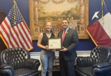 Congressman Cuellar presents Leslie Hartman, winner of the Congressional Art Competition for District 28, with a Congressional Certificate of Recognition at his office in Washington, D.C., Monday.