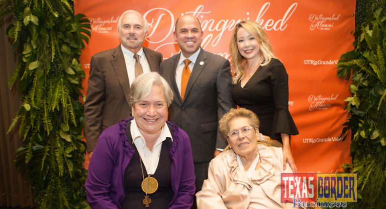 UTRGV recently hosted its annual Distinguished Alumni Awards, the highest honor an alumnus of UTRGV or one of its legacy institutions can receive. The awards recognize high-achieving individuals who have made significant contributions to society, honoring the legacy of excellence at UTRGV through civic accomplishments, careers, and philanthropic endeavors. Shown here are (back row, from left) UTRGV President Guy Bailey; Dr. Nolan Perez, member of The UT System Board of Regents; and Dr. Kelly Scrivner, UTRGV vice president for Institutional Advancement; (front row, from left) 2019 UTRGV Distinguished Alumni Award honorees Sister Norma Pimentel and Mary Rose Cardenas. Not shown is honoree James ‘Jim’ Hickey, who was unable to attend the awards ceremony. (UTRGV Photo by Silver Salas.)
