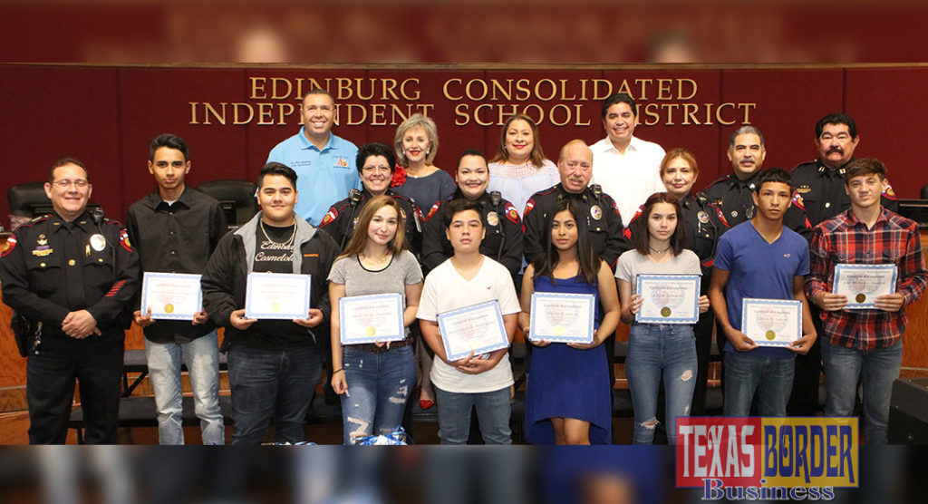 Students from the Edinburg CISD First Time Offender Program pictured with (top row L-R) ECISD Superintendent Dr. René Gutiérrez, ECISD Board Member Dominga “Minga” Vela, ECISD Board Member Leticia “Letty” Garcia, Hidalgo County District Attorney Ricardo Rodriguez Jr. and officers from the ECISD Police Department.
