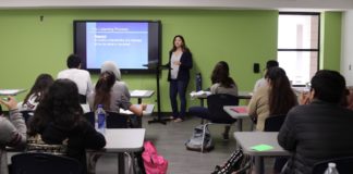 Dual enrollment instructor, Christina Vela, pictured speaking to her introduction to speech class at the PSJA College & University Center.