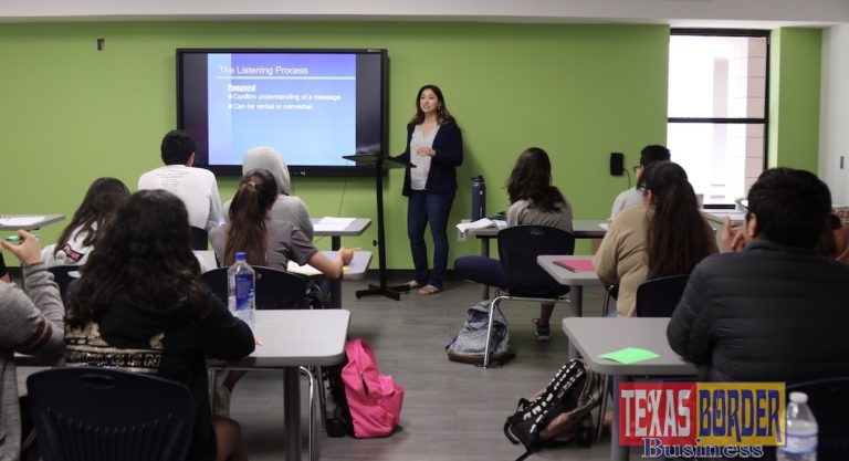 Dual enrollment instructor, Christina Vela, pictured speaking to her introduction to speech class at the PSJA College & University Center.
