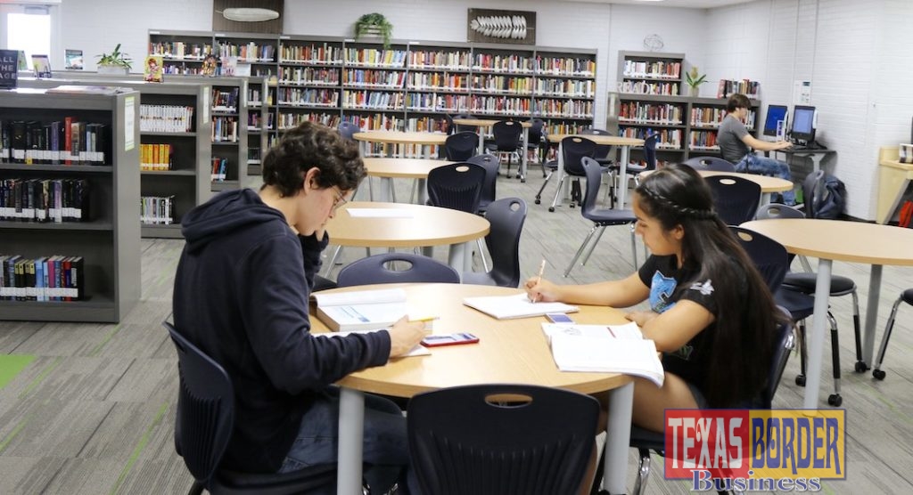 Students pictured gathered at the PSJA College & University Center’s library.