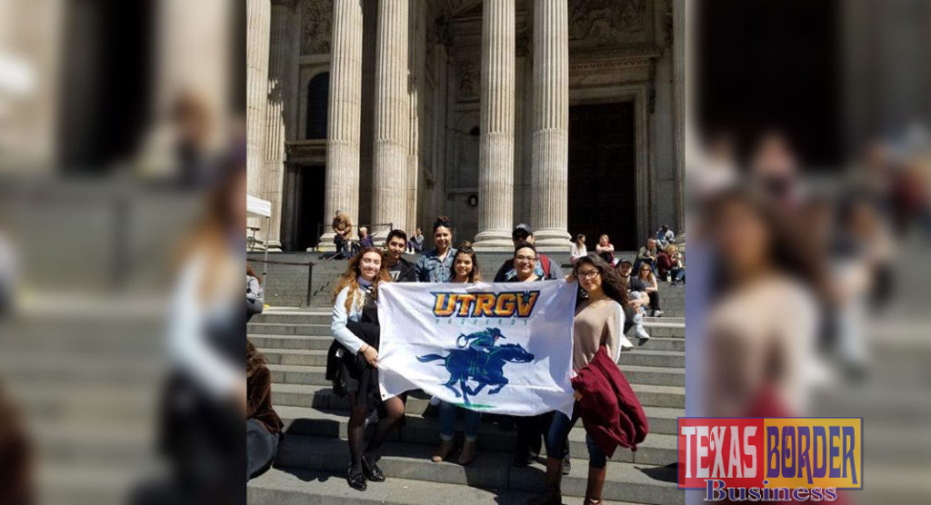 UTRGV Study Abroad students stand on the steps of St. Paul’s Cathedral in London, England, proudly displaying the UTRGV banner. (Courtesy Photo)