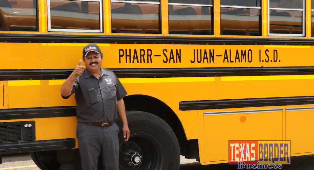  PSJA ISD Bus Driver Antonio Medrano pictured in front of his school bus after completing a route. 