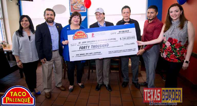 Angeles Diaz, Taco Palenque Marketing Coordinator; Pastor Giraud, Marketing St. Jude Children’s Research Hospital; Renea Ferris, Regional Director St. Jude Children’s Research Hospital; Francisco Ochoa Jr., Taco Palenque Owner and CEO; Jorge Cadena, Taco Palenque President; Adalberto Cisneros, Taco Palenque Market Director; and Patricia Barreto, Marketing Manager.