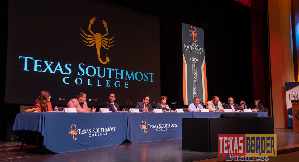 The Texas Southmost College Board of Trustees voted to lower the college's tuition and fees at a regular meeting on June 27, 2019 at the TSC Performing Arts Center in Brownsville. From left, TSC Trustee Eva Alejandro, Trustee J.J. De Leon Jr., TSC President Jesús Roberto Rodríguez, Ph.D., TSC Board Vice Chair Trey Mendez, TSC Board Chair Adela G. Garza, TSC Board Secretary Ruben Herrera, Trustee Tony Zavaleta, Ph.D., and Trustee Art Renton.