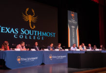 The Texas Southmost College Board of Trustees voted to lower the college's tuition and fees at a regular meeting on June 27, 2019 at the TSC Performing Arts Center in Brownsville. From left, TSC Trustee Eva Alejandro, Trustee J.J. De Leon Jr., TSC President Jesús Roberto Rodríguez, Ph.D., TSC Board Vice Chair Trey Mendez, TSC Board Chair Adela G. Garza, TSC Board Secretary Ruben Herrera, Trustee Tony Zavaleta, Ph.D., and Trustee Art Renton.