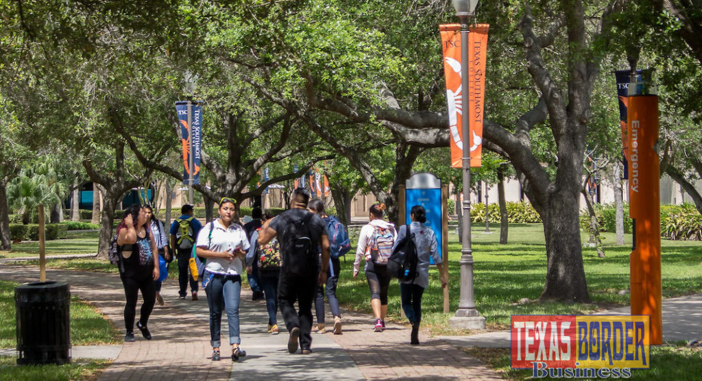Texas Southmost College students walk to classes at the TSC Fort Brown Campus in Brownsville.