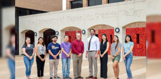 Eighteen UTRGV students were awarded Benjamin A. Gilman International Scholarships to fund their studies abroad this summer. This year marks the highest number of Gilman Scholarships awarded to students since the first UTRGV applications were submitted in 2017. Pictured are a few of the scholarship winners and faculty from L to R: Alexandra Salinas from Mission, Jaquelin Duenez from Hidalgo, Rodrigo Padron from McAllen, Ping Xu, assistant professor of Graphic Design; Dr. Mark Anderson, Honors College dean; Alan Earhart, director of International Programs and Partnerships; Emma Martinez from San Juan, Yaritza Marin from Weslaco, and Hortencia Montemayor from Pharr. (UTRGV Photo by Paul Chouy)