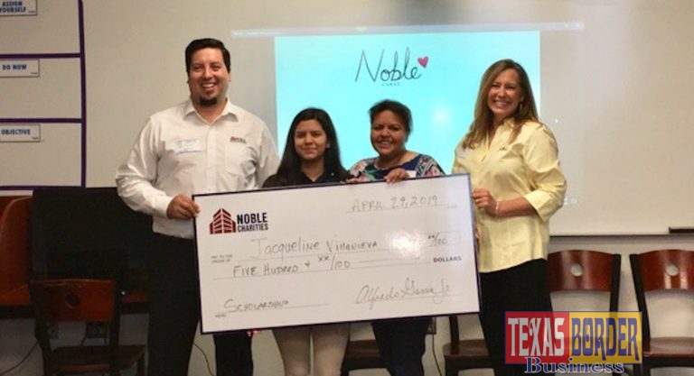 Pictured from left to right, Alfredo Garcia, Director of Operations at Noble Texas Builders and a member of the advisory board for IDEA Alamo STEAM, student Jacqueline Villanueva, and her mom Rosalinda Villanueva holding the scholarship check, and Christine Blouch, Noble Charities Director. Courtesy photo