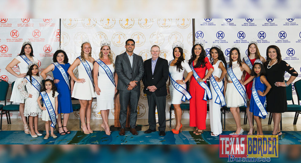 The Rio Grande Valley Miss Texas World America Queens were presented at a news conference recently held at the McAllen Convention Center. In the middle from left are Rob Lopez, acting VP of the McAllen CVB and McAllen Mayor Jim Darling. At the end on the right is Texas Pageant Director Della Fay Perez.