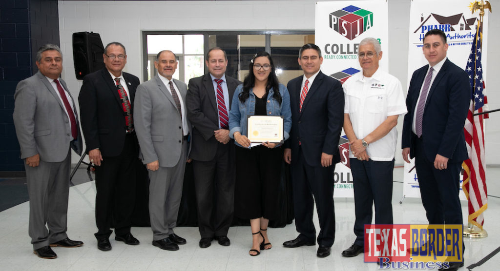 City and District officials (from left) Pharr Housing Authority Executive Director Noel De Leon; Pharr EDC Executive Director and PSJA Board Member Victor Perez; PSJA Board Vice President Jorge Palacios; PSJA Superintendent Dr. Daniel King; Laisha Centeno, scholarship recipient; PSJA Board President Jesse Zambrano; PSJA Board Member Jesse Vela, Jr; and PSJA Board Secretary-Treasurer Jorge Zambrano. 