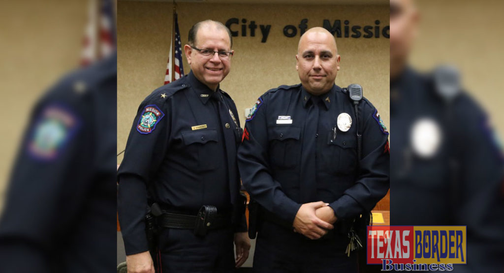 Pictured from left to right: Mission Police Chief Robert Dominguez and Cpl. Jose Luis “Speedy” Espericueta at his corporal promotion ceremony in January of 2018. 